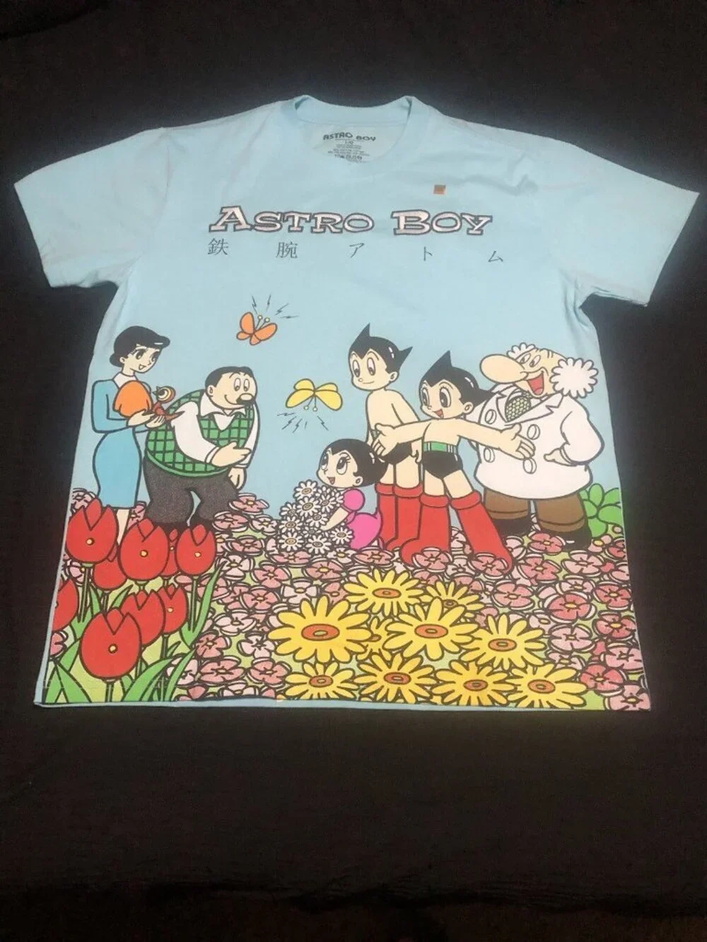 Astro Boy Flower Embroidered Light Blue Short Sleeve T-Shirt, Size Large - Picture 1 of 4